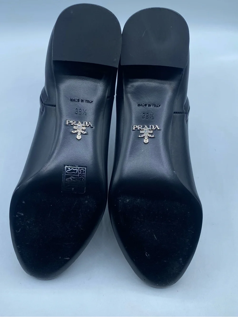 Prada Logo Block Heel Leather Ankle Boots